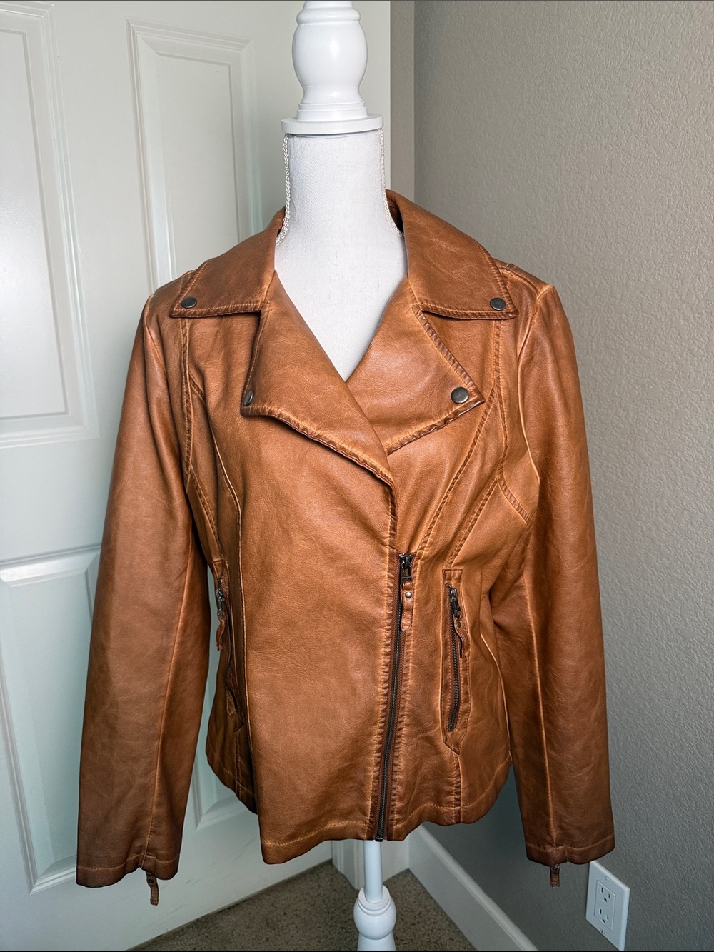 Max Studio Cognac Faux Leather Moto Jacket